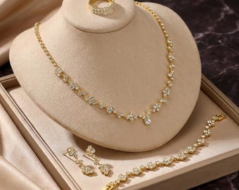 Gold Crystal Bridal Jewelry Set, Necklace Bracelet Earrings Ring, Wedding Occasion Elegance