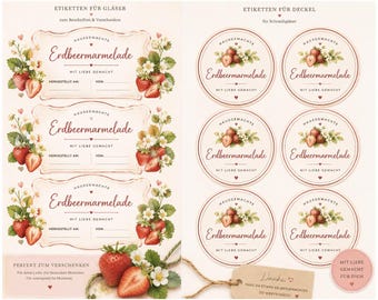 Etichette per marmellata di fragole in formato PDF | Etichette vintage stampabili per marmellata | Adesivi personalizzati per barattoli e coperchi | Idea regalo fai da te