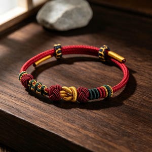 Puede incluir: Una pulsera de cordón rojo con intrincados nudos en dorado, verde oscuro y azul marino. El diseño incluye un nudo central dorado, flanqueado por nudos decorativos más pequeños en rojo y verde, con dos extremos dorados y cuentas deslizantes.