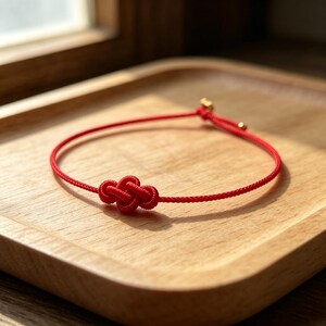 May include: A thin red cord bracelet featuring a central decorative knot design. The bracelet is constructed from a smooth, vibrant red string and includes a small gold-toned metal bead accent near the adjustable closure mechanism.