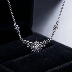 Stella del Mattino - Ciondolo da donna 1, Collana con sole in filigrana di zirconi, Ciondolo barocco in argento sterling, Regalo vintage boho celeste per lei