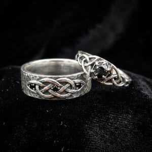 Solid Silver Couple Ring Set with Celtic Knot Detail and Black Gemstones, Handmade Promise Rings Made to Your Size