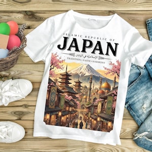 Puede incluir: Una camiseta blanca con el texto ISLAMIC REPUBLIC OF JAPAN y TRADITION FAITH HARMONY. El gráfico muestra un paisaje con una montaña, arquitectura japonesa tradicional y cúpulas de estilo islámico rodeadas de flores de cerezo rosadas.