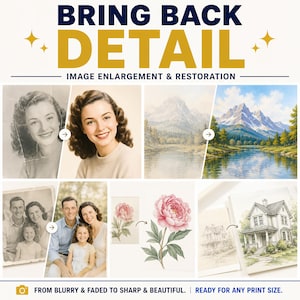 Puede incluir: Un anuncio de servicio digital titulado BRING BACK DETAIL IMAGE ENLARGEMENT & RESTORATION. Muestra cuatro comparaciones de antes y después con fotos y pinturas descoloridas y dañadas transformadas en imágenes nítidas, vibrantes y claras.