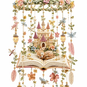 Può includere: Una giostrina sospesa con un libro aperto all'uncinetto con un cerbiatto addormentato, un castello centrale e fili pendenti di fiori, foglie, uccelli, farfalle, libellule, piume e piccole lanterne illuminate all'uncinetto in colori pastello.
