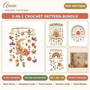 May include: A 5-in-1 crochet pattern bundle featuring five designs: a moon bunny, storybook castle, peony garden, rainbow lamb, and teddy balloon. The digital document includes written instructions for these hanging mobile decorations.