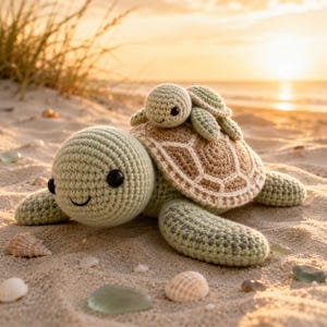Op de afbeelding: Een grote lichtgroene gehaakte zeeschildpad met een beige en wit schild, met een kleinere bijpassende gehaakte zeeschildpad op de rug. Beide schildpadden hebben ronde zwarte ogen en geborduurde glimlachen, gemaakt met een textuurrijk garen.