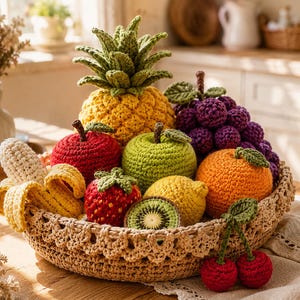 May include: A collection of crocheted fruits including a pineapple, red apple, green apple, purple grapes, orange, lemon, strawberry, banana, kiwi slice, and two cherries, all arranged inside a round, beige, crocheted basket with a scalloped edge.
