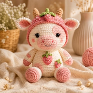 Puede incluir: Un peluche de vaca tejido a ganchillo con cuerpo blanco y rosa y un gorro con temática de fresa. La vaca tiene pequeños cuernos color canela, ojos negros y una sonrisa bordada. Una gran aplicación de fresa está en el pecho y otra más pequeña al lado.
