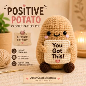 Virkmönster för positiv potatis i PDF-format | Amigurumi-handledning för nybörjare | Emotionellt stödjande plysch | Direkt nedladdning