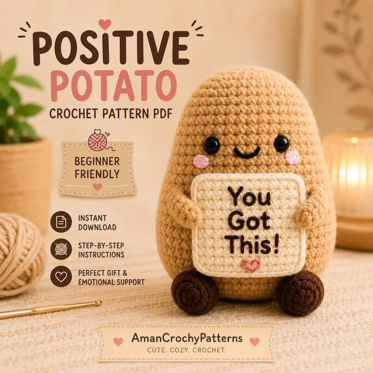 Meanju Positive Potato – Lustige Gestrickte Kartoffel Mit Schlüsselanhänger & Ermutigungskarte – Ca. 5 X 7 Cm