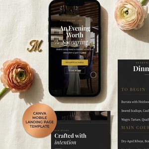 May include: A smartphone displays a restaurant's mobile landing page with the text "An Evening Worth Savouring." The image includes a gold letter "M," two peach-colored flowers, and a template label. A menu is also visible.