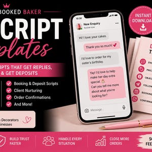 Puede incluir: Imagen que muestra un teléfono inteligente con una conversación sobre pedidos de pasteles, un bolígrafo rosa y plantillas de guiones DM. El texto dice "DM Script Templates" y "Ready-to-use scripts that get replies, build trust & get deposits".