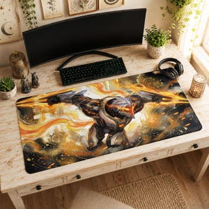 May include: A rectangular desk mat featuring a vibrant illustration of a robotic warrior with glowing orange eyes and metallic armor, surrounded by swirling golden flames and dark smoke, set against a light-colored wooden desk surface.
