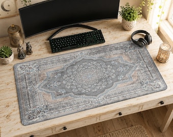 Gray Persian Mouse Pad | Faded Floral Desk Mat, Modern Medallion Rug, Minimalist Decor