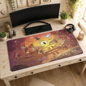 Puede incluir: Una alfombrilla de escritorio rectangular con una ilustración vibrante y detallada inspirada en Gravity Falls. El diseño muestra un gran personaje triangular amarillo con sombrero de copa y un solo ojo, rodeado de un paisaje forestal, varias criaturas y personajes en una paleta de colores cálidos.