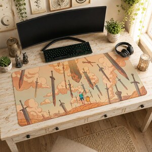 May include: A rectangular desk mat featuring a printed illustration of two cartoon characters standing on a desert landscape under a sky filled with numerous floating swords and soft orange clouds, with a smooth surface and stitched edges.