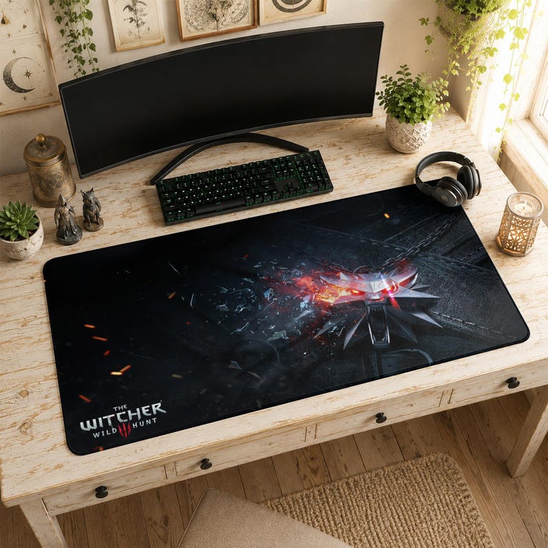 Witcher 3 Mouse Pad | Wolf Medallion Desk Mat, Wild Hunt Dark Aesthetic Mat