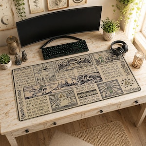Pode incluir: Tapete de rato para jogos bege e preto com um design ilustrado detalhado. O design apresenta uma série de painéis com desenhos e texto. O tapete é retangular e está sobre uma secretária de madeira clara, com um teclado e um monitor ao fundo.