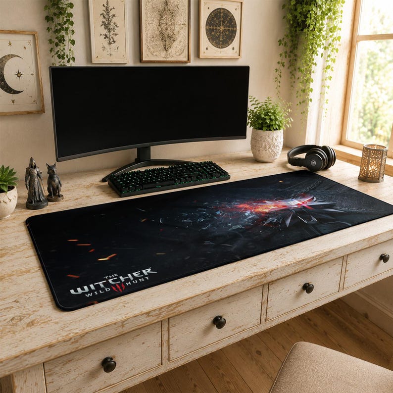 Witcher 3 Mouse Pad | Wolf Medallion Desk Mat, Wild Hunt Dark Aesthetic Mat