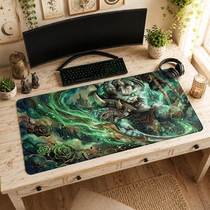 May include: A rectangular gaming mouse pad featuring a fantasy illustration of a lion-like creature with green and gold accents. The design includes green roses and a cityscape, set against a dark background. The pad is on a wooden desk with a keyboard and monitor.