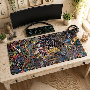 May include: A rectangular desk mat featuring a vibrant, intricate illustration of a multi-limbed creature with red, black, and yellow stripes, surrounded by a dense, colourful abstract pattern of swirling shapes, lines, and organic textures.