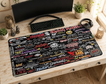 Muismat met metalen banden | Bureaumat, zware metalen logocollage donkere esthetische mat