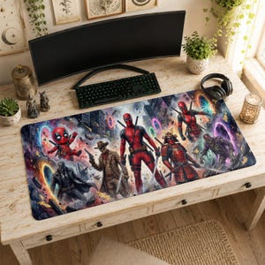 May include: A rectangular desk mat featuring a vibrant, multi-character illustration of Deadpool in various costumes and styles, including a chibi version, a cowboy, a samurai, and a dark-suited figure, set against a chaotic, colourful background.