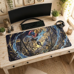 May include: A rectangular desk mat featuring a dark, detailed illustration of a blue and black ninja-like creature surrounded by swirling water effects and silhouettes of bamboo stalks. The artwork uses a palette of deep blues, blacks, and gold.