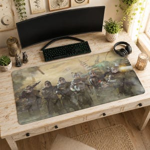 May include: A rectangular desk mat featuring a printed illustration of a group of armored soldiers in a battlefield setting with muted earth tones, smoke, and light effects. The design depicts multiple figures in tactical gear and helmets.
