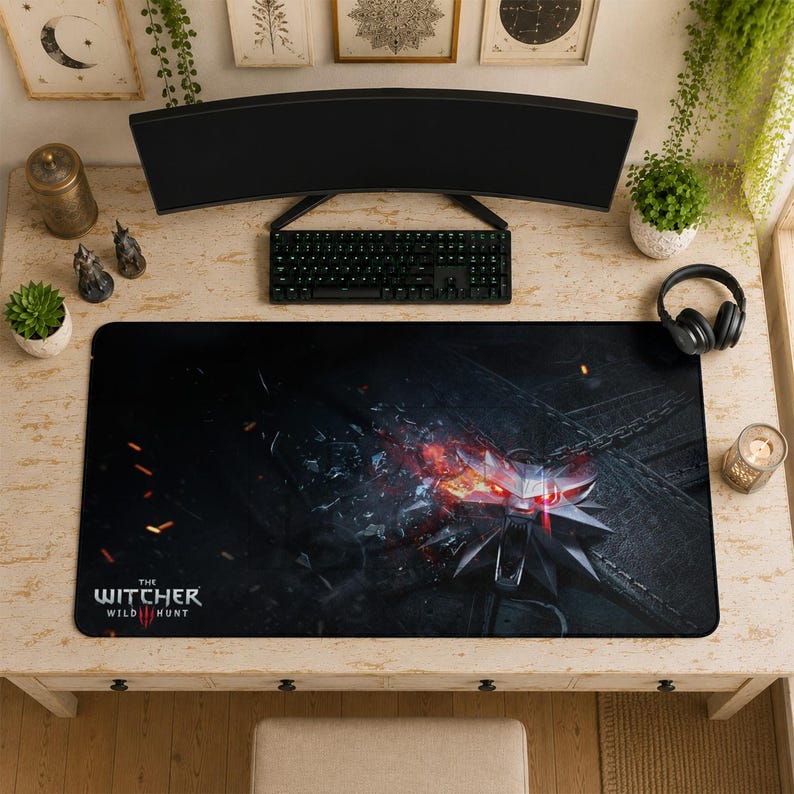 Witcher 3 Mouse Pad | Wolf Medallion Desk Mat, Wild Hunt Dark Aesthetic Mat