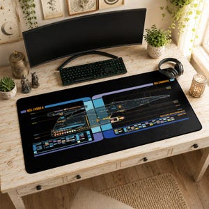 May include: A rectangular black desk mat featuring a detailed technical schematic of the USS Cambrian NCC-74988-A starship. The design includes blue and yellow accent lines, various labeled ship components, and a grid of colorful status indicators.