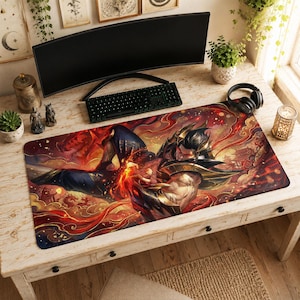 May include: A rectangular gaming mouse pad featuring a detailed illustration of a character in a dynamic pose, set against a fiery, red and gold background. The design includes elements of traditional Asian art. A keyboard, monitor, and headphones are also visible.