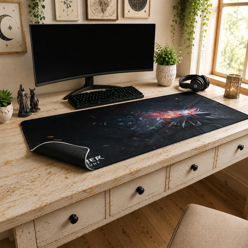 Witcher 3 Mouse Pad | Wolf Medallion Desk Mat, Wild Hunt Dark Aesthetic Mat
