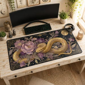 Golden Snake Mouse Pad | Desk Mat, Celestial Floral Art Dark Aesthetic Mat