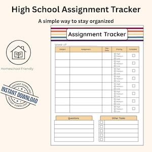 Op de afbeelding: Een huiswerkplanner voor de middelbare school met een tabel voor vak, opdracht, deadline, prioriteit en voltooid. Het bevat secties voor vragen en andere taken, kleurrijke strepen en de tekst Instant Download.