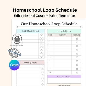 Puede incluir: Una plantilla imprimible de Homeschool Loop Schedule que incluye una lista de tareas diarias, una tabla de materias con diez filas numeradas, objetivos semanales y secciones para la posición actual y la lectura en voz alta.