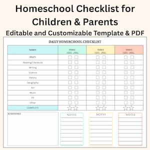 May include: A daily homeschool checklist template for children and parents with columns for three students. The grid includes subjects like math, reading, and science, with checkboxes for student completion and parent review, plus notes and reminders.