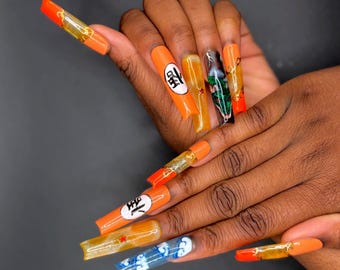 Long Xxl Square Acrylic Press-On Nails – Goku Anime Inspired Orange Yellow Retro 90s dragon