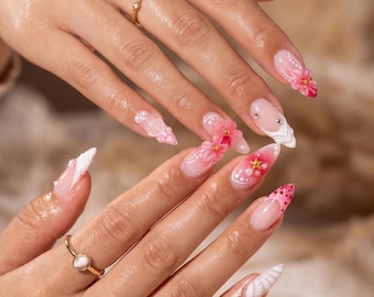 24 unghie finte adesive, colore rosa mandorla francese con fiori 3D, effetto gelatina glamour e strass, unghie artificiali ultra trendy per donna