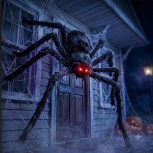 May include: A large, fuzzy black spider decoration with glowing red eyes, positioned on the exterior wall of a house. The spider features eight long, spindly legs and is surrounded by artificial white cobwebs draped across the siding.