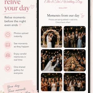 May include: A smartphone displaying the snapourday.co.uk wedding gallery website with the title Ellie & Tim's Wedding Day. The screen shows a grid of wedding photos, while the left side features text promoting instant photo sharing.