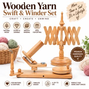 Può includere: Un set composto da arcolaio e avvolgitore per lana in legno naturale. Il kit include un arcolaio a ombrello regolabile su base circolare e un avvolgitore meccanico dotato di manovella, cinghia di trasmissione e guida-filo verticale.