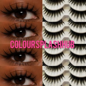 May include: A collage featuring four close-up views of a brown eye with long, dark, defined eyelashes and a white plastic tray containing four pairs of black false eyelashes. The text COLOURSPLASHHUB is printed in bright pink across the center.