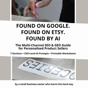 May include: Image features text: "FOUND ON GOOGLE. FOUND ON ETSY. FOUND BY AI." It also includes "The Multi-Channel SEO & GEO Guide for Personalised Product Sellers" and "7 Sections + CEO-Level AI Prompts + Printable Worksheets."