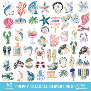 May include: A collection of 60 coastal-themed illustrations featuring various sea creatures, shells, palm trees, flip-flops, and nautical items. The set includes lobsters, crabs, shrimp, starfish, jellyfish, and coral in a colorful, artistic style.