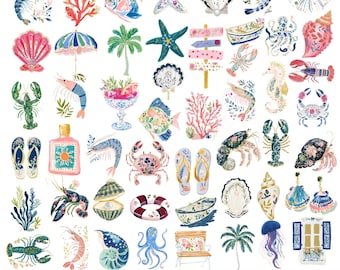 Preppy kust Clipart PNG-paket, nautiska akvarellsnäckor, hummerkrabba, havsliv, blommig sublimering, chic strandsommar, digital nedladdning