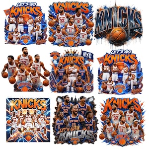 Può includere: Una collezione di nove design grafici con giocatori di basket dei New York Knicks in divise bianche e blu, palloni da basket e il testo Let's Go Knicks. I design incorporano schemi di colori arancione e blu con skyline cittadini.