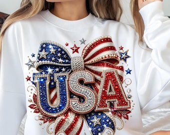 USA Rhinestone Png, 4th of July Bow Design Png,Patriotic American Flag Coquette Bow,Faux Rhinestone USA, Independence Day Shirt, Sublimation