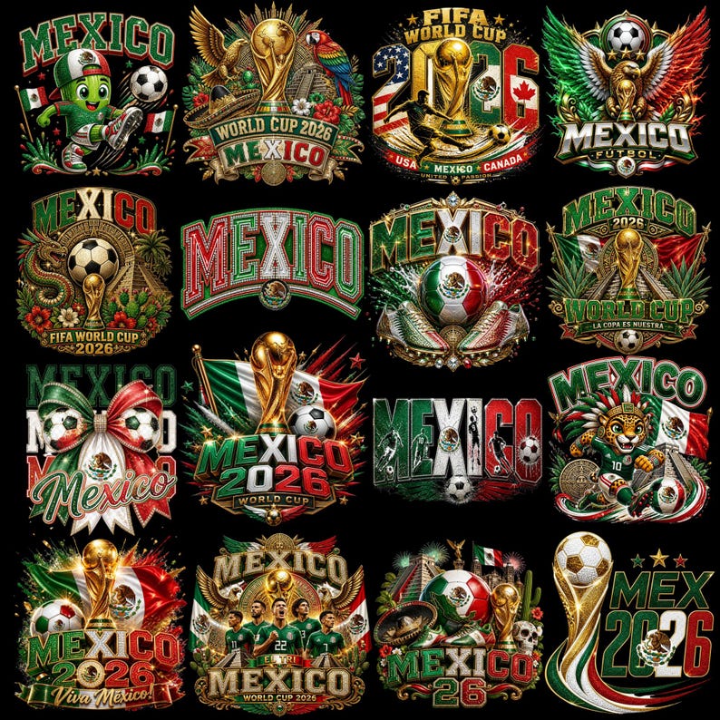 May include: A collection of sixteen graphic designs featuring the word Mexico, the FIFA World Cup 2026 trophy, soccer balls, the Mexican flag, and various cultural symbols including eagles, jaguars, and sombreros, all set against a black background.